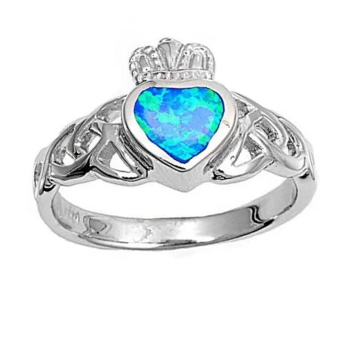 Vibrant diamond ring-Caronwyn: 0.75ct Heart cut Blue Opal Celtic Knot Claddagh Ring Silver