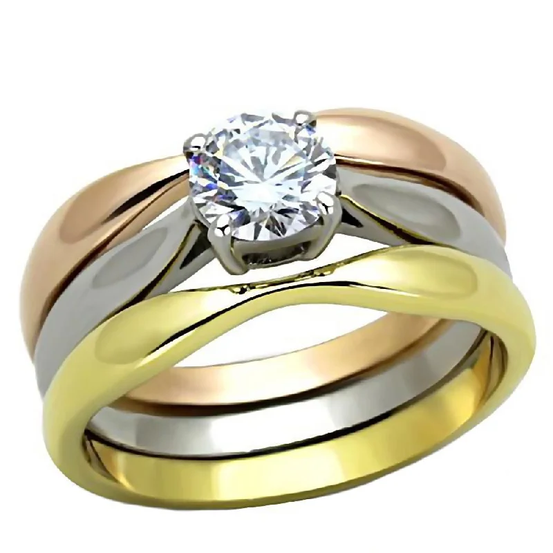 Burnished pewter ring-Chelsea: 3 Pc 3 Tone Yellow & IP Rose Gold 316 Steel CZ Wedding Set