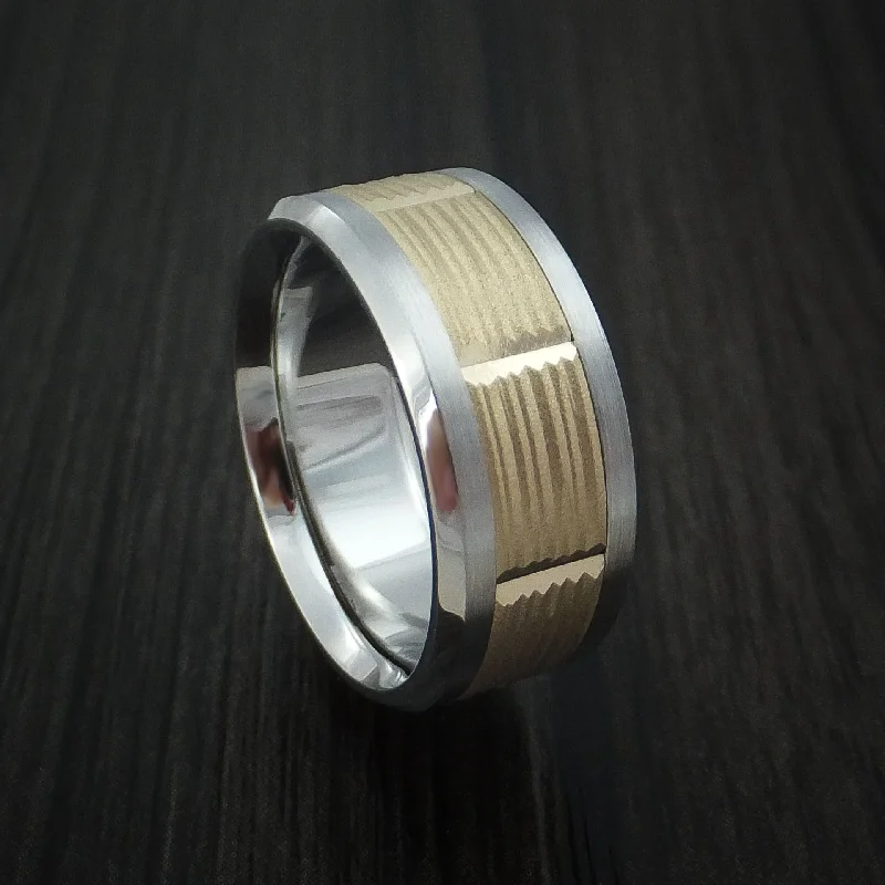 Rough ruby ring-Cobalt Chrome and 14k Yellow Gold Band Texture Pattern Custom Made Men's Ring