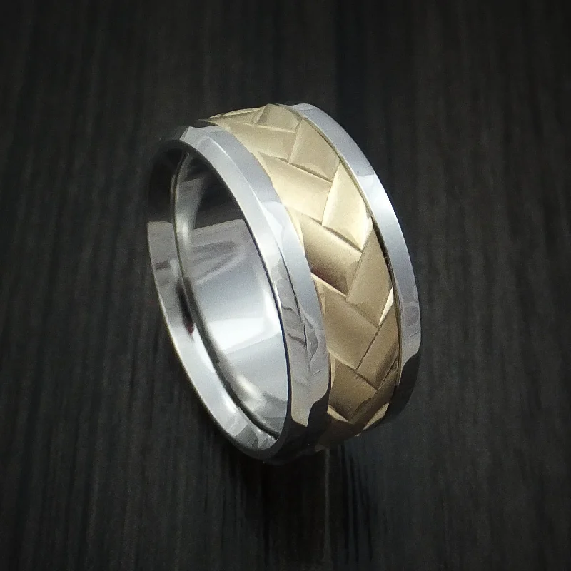 Sleek cobalt ring-Cobalt Chrome and 14k Yellow Gold Band Weave Texture Custom Made Men's Ring