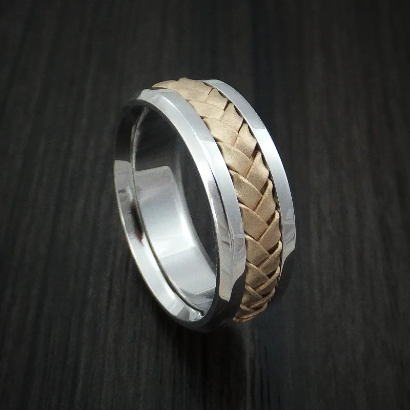 Fine-etched ring-Cobalt Chrome and 14k Yellow Gold Band Weave Texture Custom Made Men's Ring