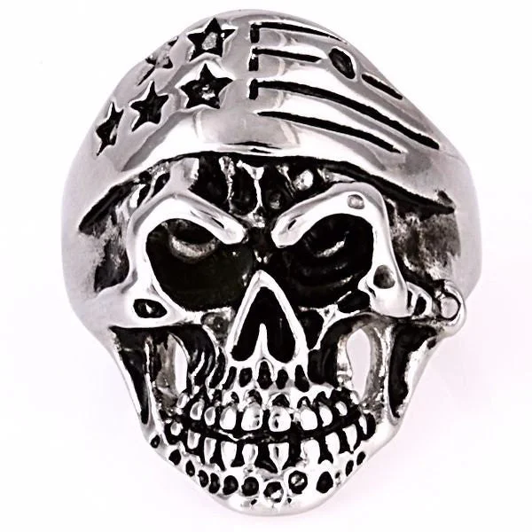 Cut-out ring-Cody: EZ Rider Rocker Skull Ring w Patriotic Biker Bandana 316L Steel