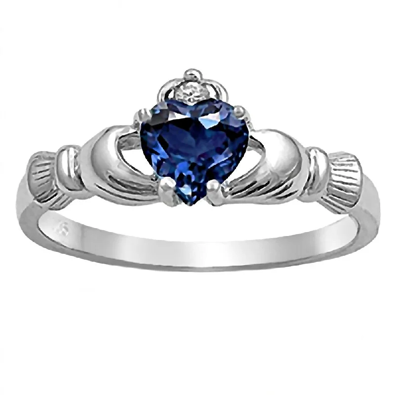 Coupled band ring-Corrine: 0.765ct Heart cut Created Blue Sapphire Claddagh Ring Silver