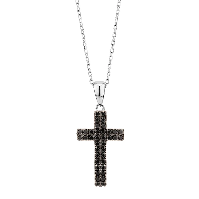 Brushed-edge necklace-Cross pendant with diamond simulants in sterling silver