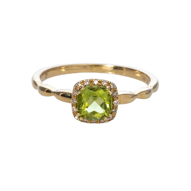 Rich emerald ring-Cushion Peridot & Diamond Halo 14K Yellow Gold Ring