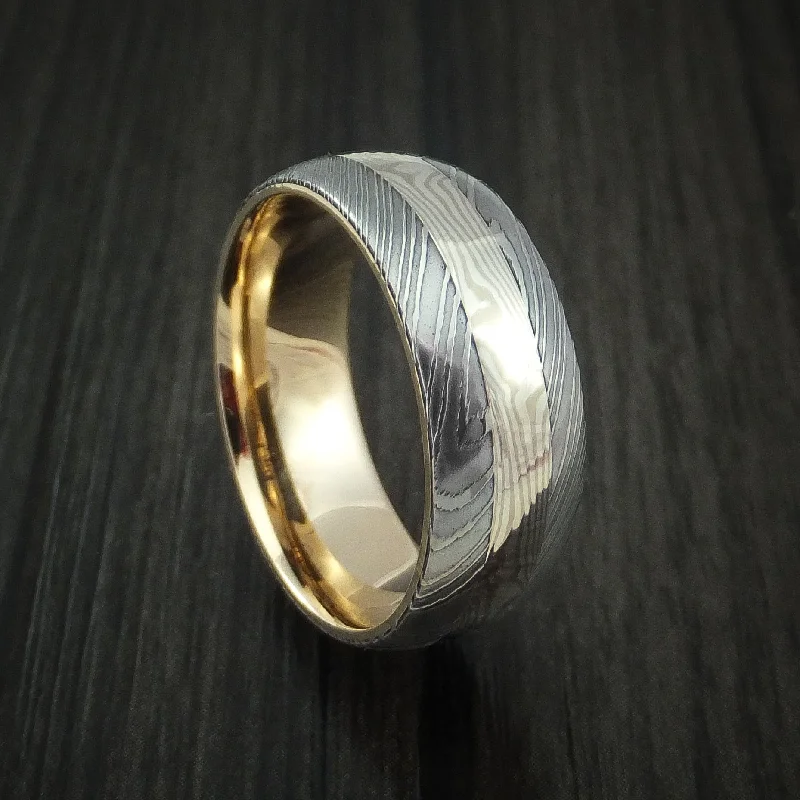 Tiered band ring-Damascus Steel and Mokume Gane Men's Ring with Yellow Gold Sleeve Wedding Band Custom Made