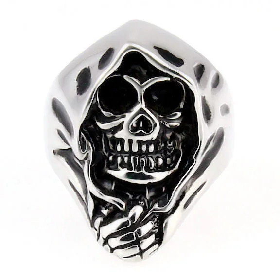 Soft bend ring-Damien: Mens Grim Reaper Biker Skull Ring Cast 316L Stainless Steel