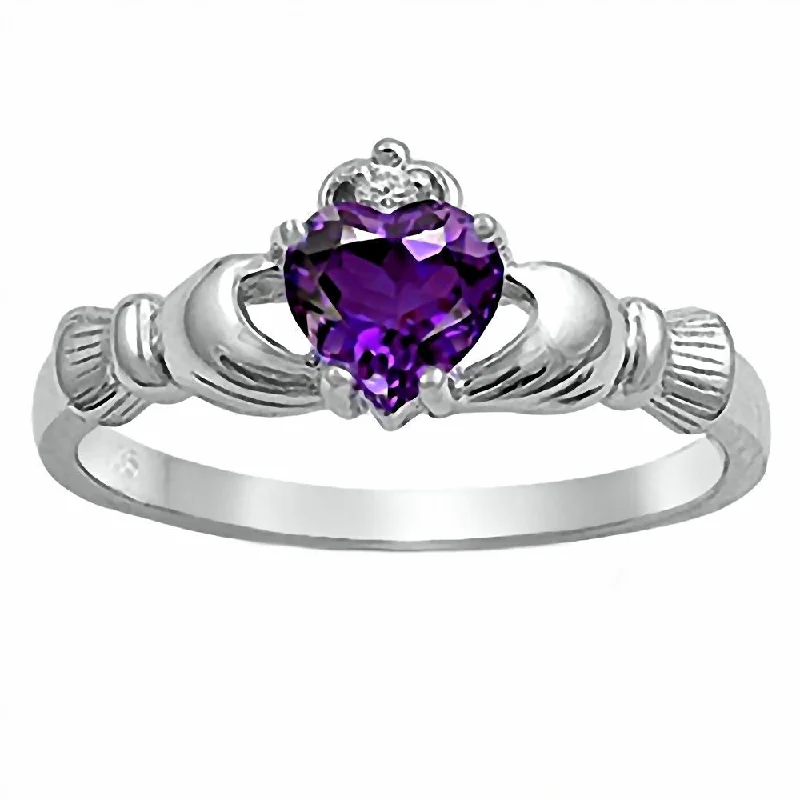 Protruding gem ring-Delaney: 0.765ct Heart cut Purple Amethyst Claddagh Ring Silver