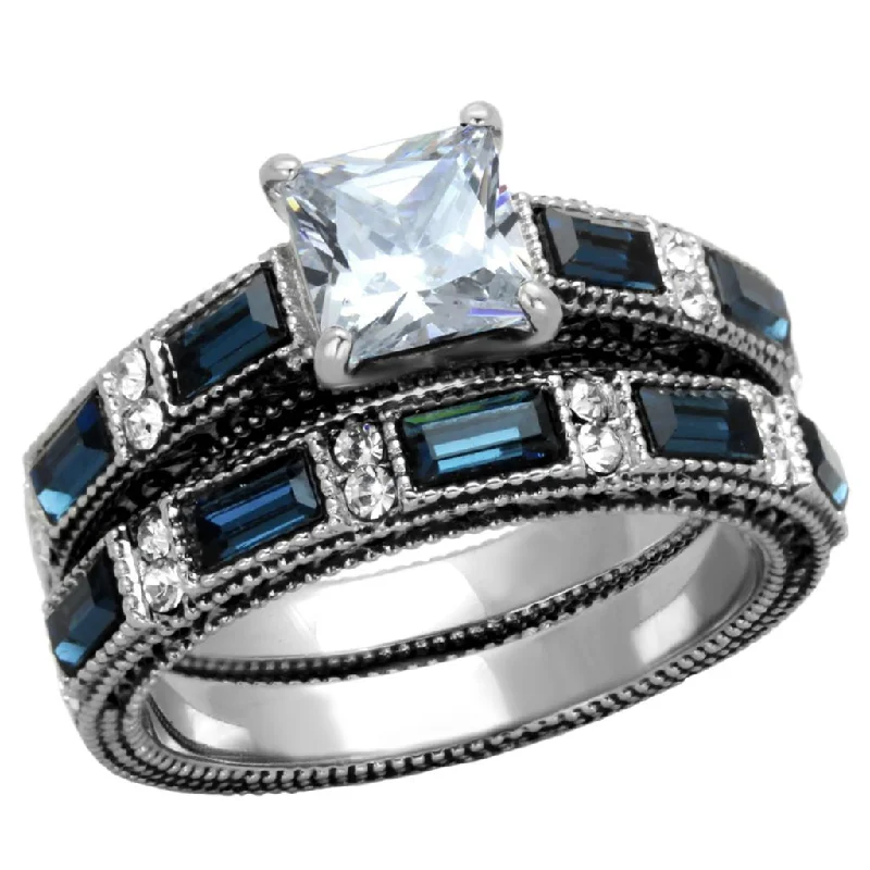 Wire-bend ring-Delanna: 3.9ct Sapphire & Ice CZ Coin Edge 2 pc Steel Wedding Ring Set