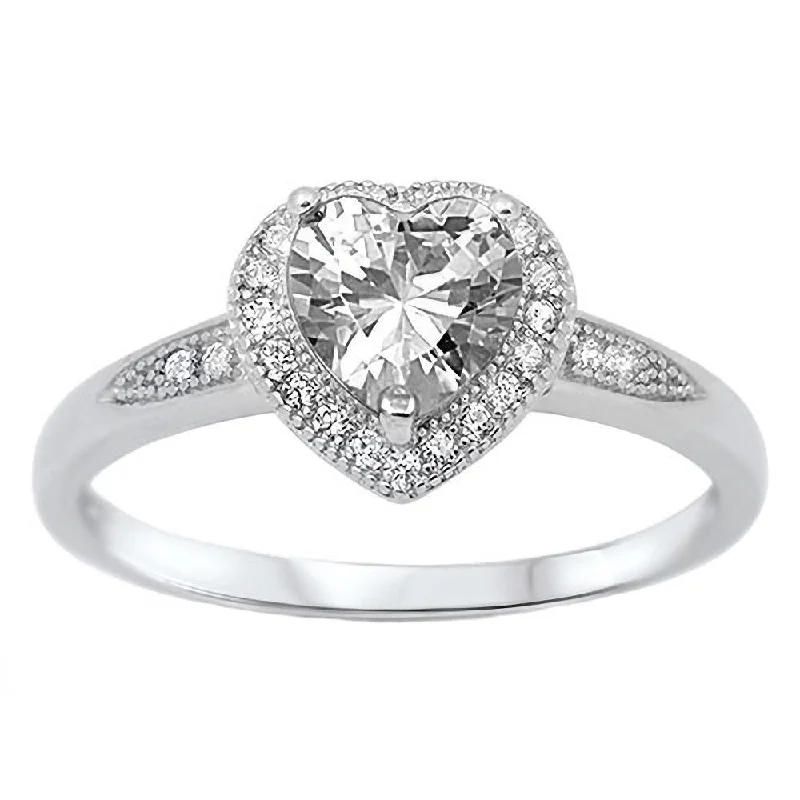 Crest motif ring-Della: 0.87ct Heart cut Russian Ice CZ with Round IOF CZ Halo Promise Ring