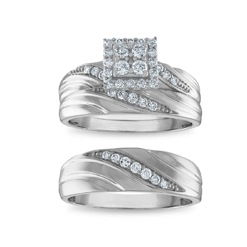 Kite stone ring-EcoLove 1/2 CTW Lab Grown Diamond Cluster Halo Wedding Trio Set in 10KT White Gold