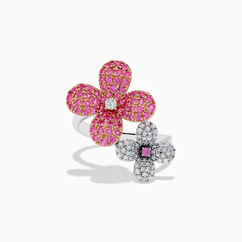 Corkscrew ring-Nature 14k Two Tone Gold Pink Sapphire and Diamond Flower Ring