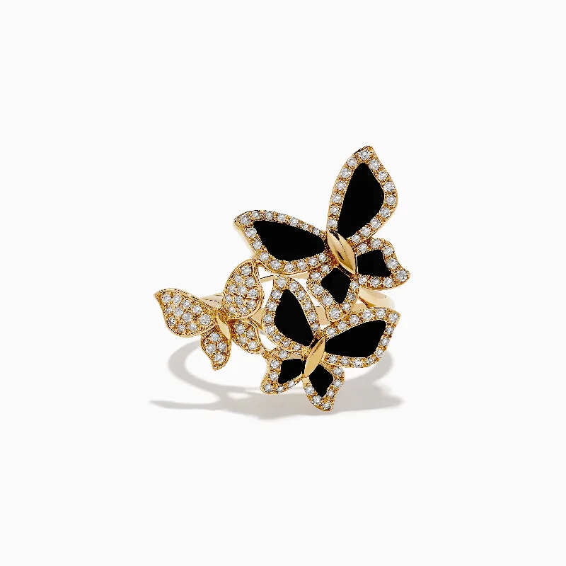 Faded finish ring-Nature 14K Yellow Gold Onyx and Diamond Multi Butterfly Ring