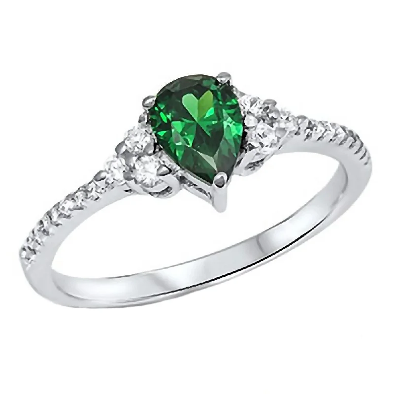 Luminous ruby ring-Emilia: 0.9ct Simulated Emerald with Round IOF CZ Accents Silver Promise Ring