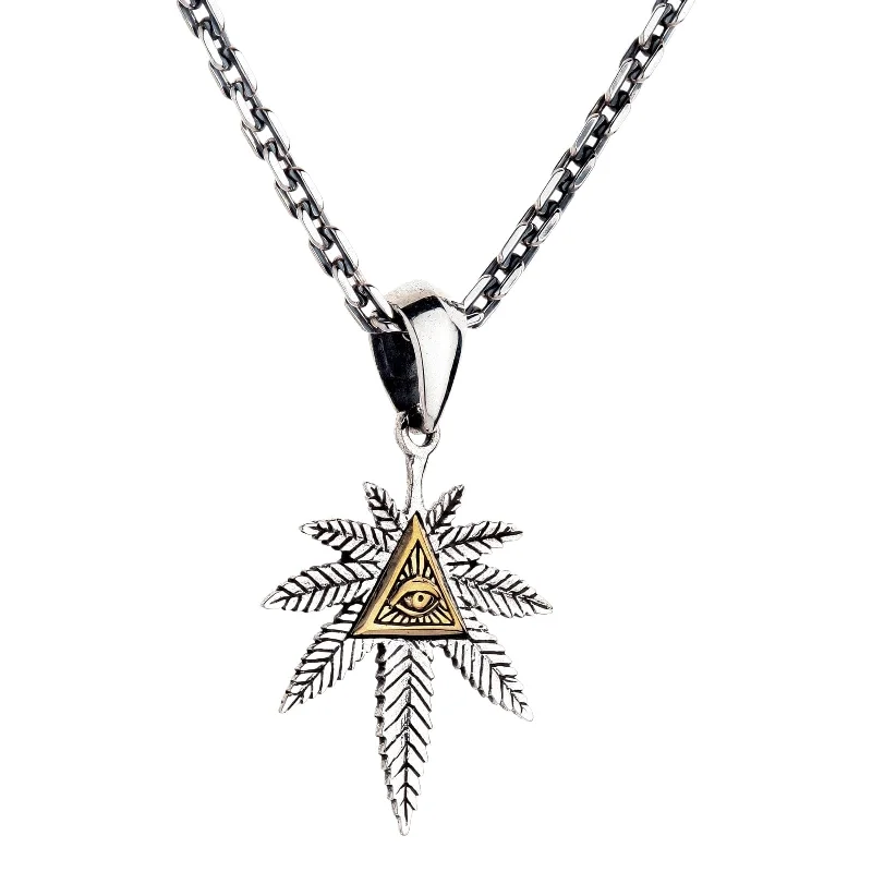 Coupled chain necklace-Eye of Providence Marijuana Sterling Silver Pendant Necklace