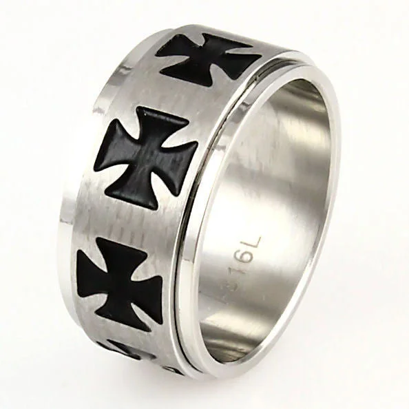 Stacked birthstone ring-Ferris: Maltese Iron Cross Mens 316L Stainless Steel Spinner Ring