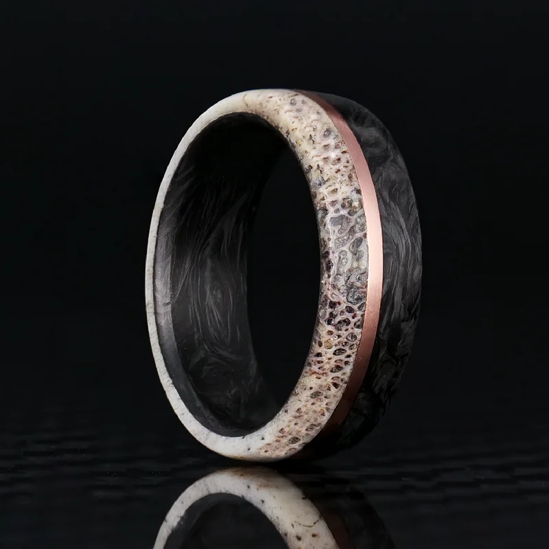 Protruding gem ring-Forged Carbon Fiber, Deer Antler, and Gold Ring