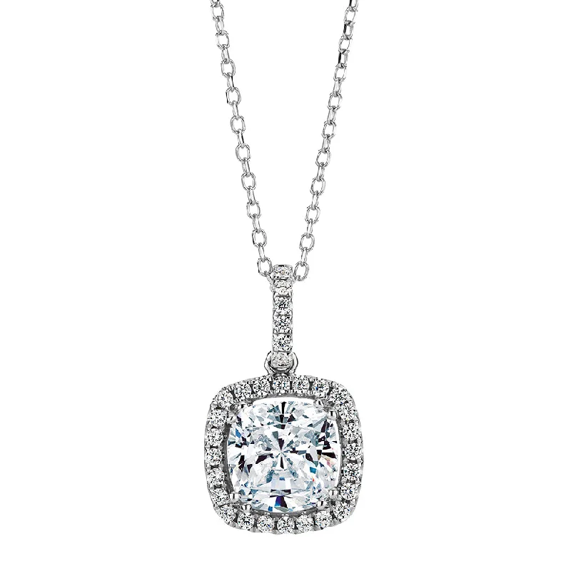 Precision cut necklace-Halo pendant with 1.18 carats* of diamond simulants in 10 carat white gold