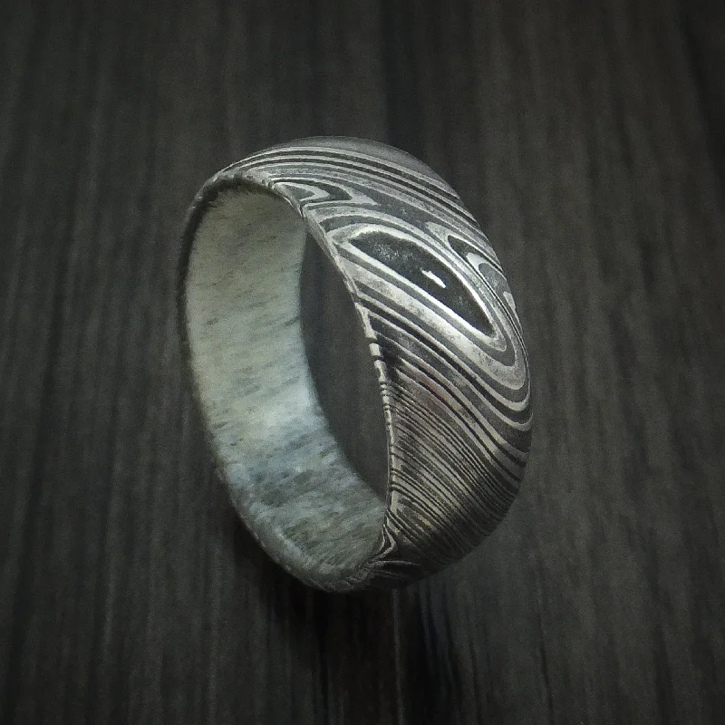 Hand-scored ring-Kuro Damascus Steel Men's Band with Antler Sleeve Custom Made