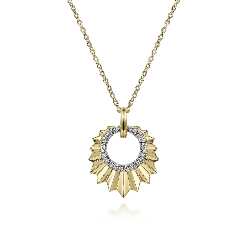 Faint silver necklace-Leaf Shaped Diamond Circle Pendant Necklace in Yellow Gold, 0.11 cttw