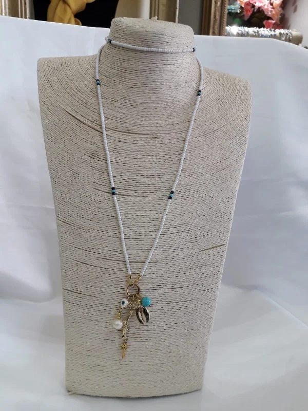 Faded finish necklace-Long Turquoise Seed Bead Necklace