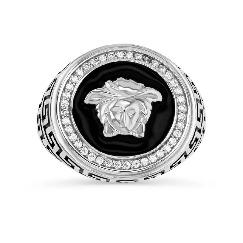 Embossed gem ring-Luxe Layers Sterling Silver Cubic Zirconia Black Enamel Medusa Ring