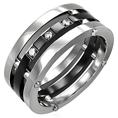 Ridge gem ring-Maverick: Mens Russian Ice CZ Riveted 3 in 1 Stainless Steel Band Ring