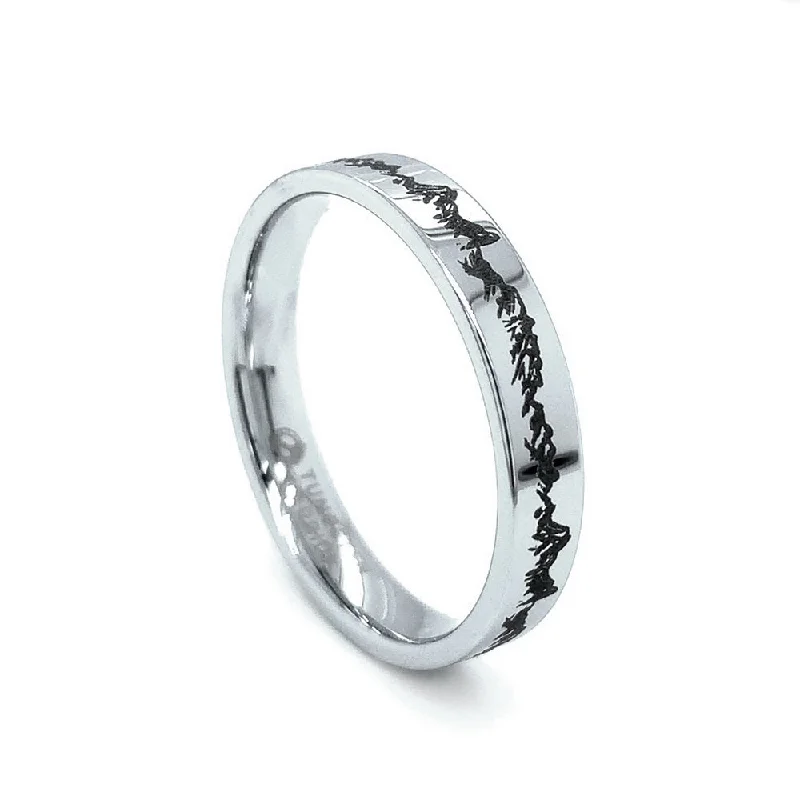 Edgy titanium ring-Men's Tungsten Band with Laser Engraved Mountain Range - "Peaks"