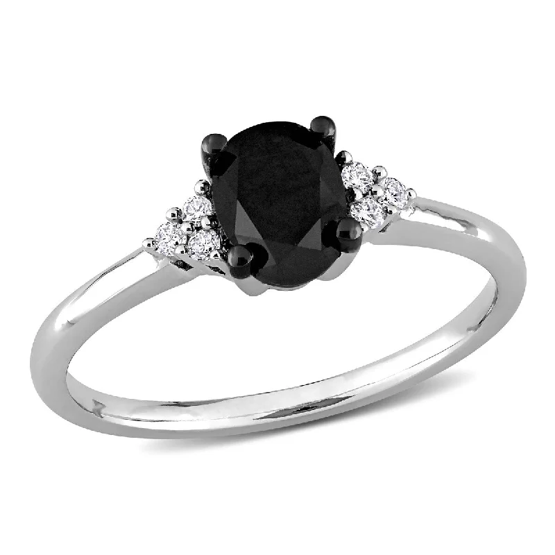 Faded silver ring-Miadora 1ct TW Round Oval-Cut Black White Diamond Stud Ring in 14k White Gold