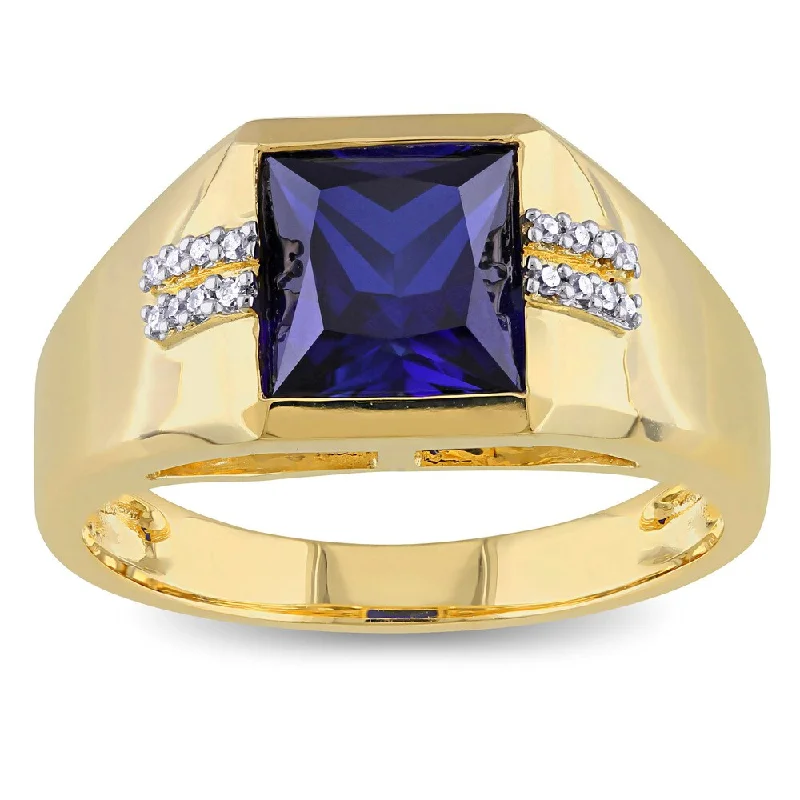 Low-set gem ring-Miadora Men's 10k Yellow Gold Created Blue Sapphire and Diamond Accent Ring