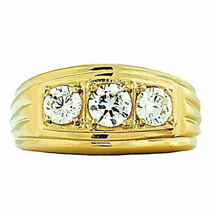 Hand-scored ring-Navarro G: Mens 1.0ct IOF CZ 3 Stone Journey Steel Ring Gold Plated