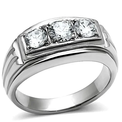 Pearlized platinum ring-Navarro: Mens 3 Stone 1.0ct Russian Ice on Fire Diamond CZ Steel Ring