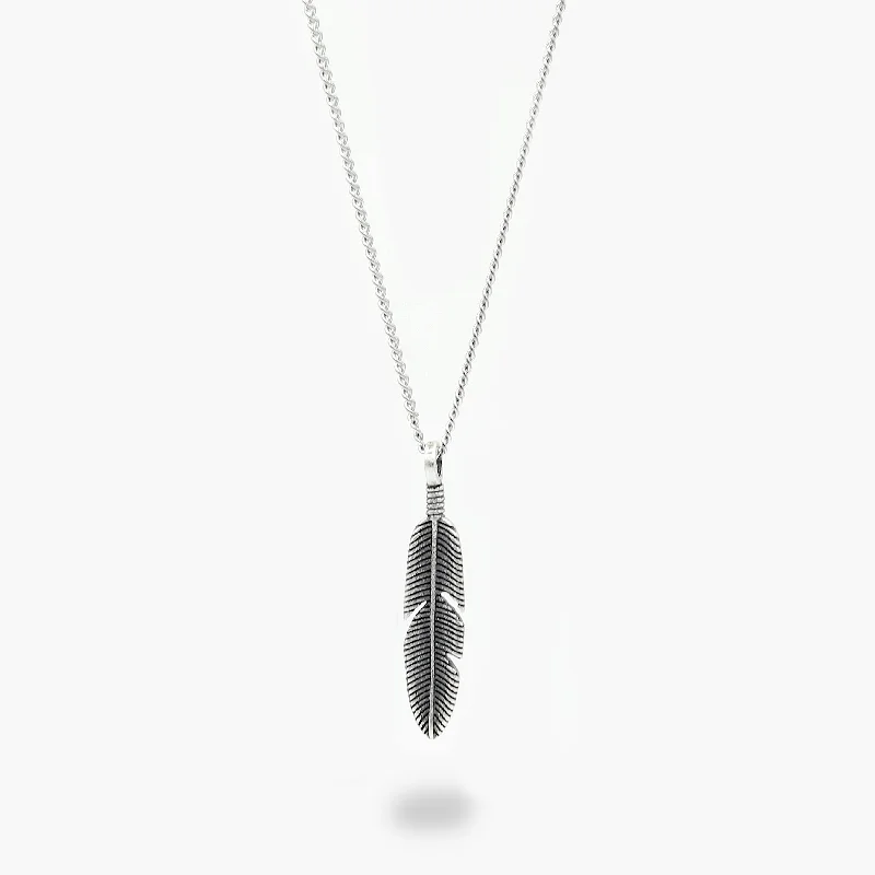 Stamped initial necklace-Necklace With Silver Feather Pendant