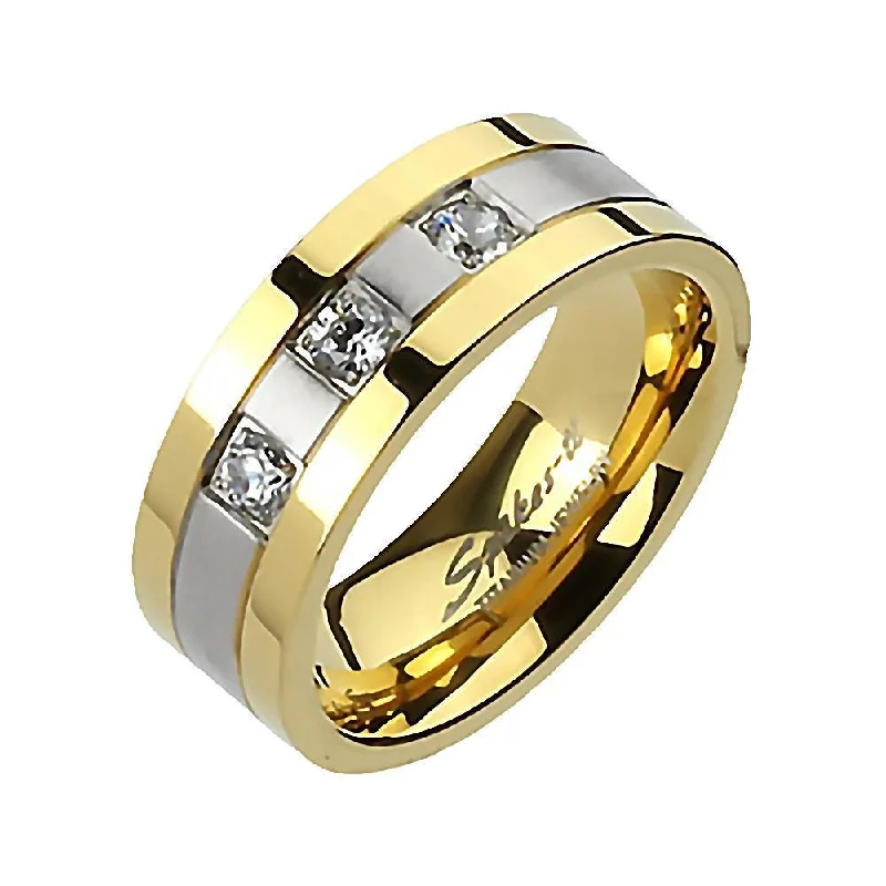 Molten gold ring-Norton: Mens 0.48ct IOF CZ Gold IP Edges 2-tone Wedding Band Ring