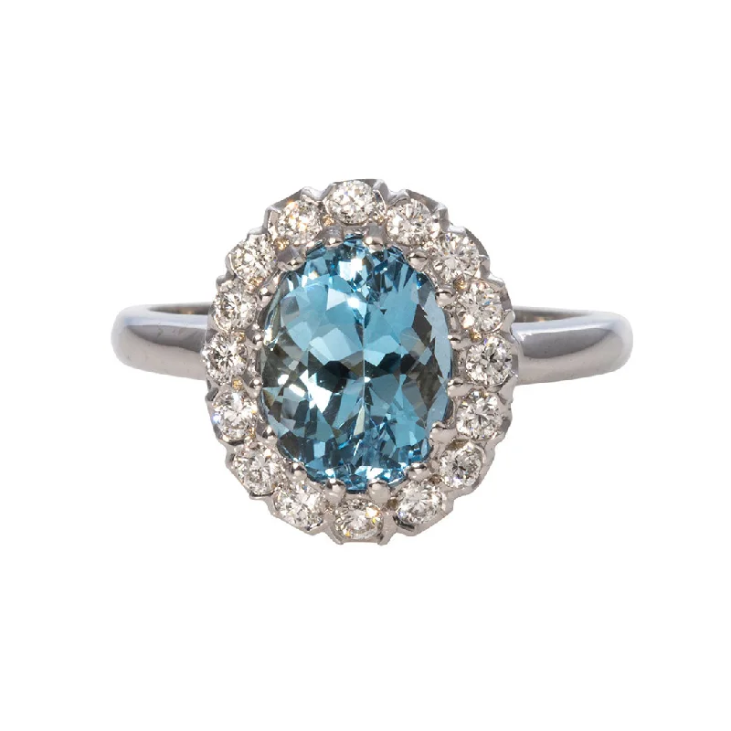 Fine shank ring-Oval Aquamarine & Diamond Cluster 14K White Gold Ring