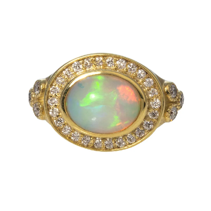 Fine-etched ring-Oval Cabochon Opal & Diamond 14K Yellow Gold Ring