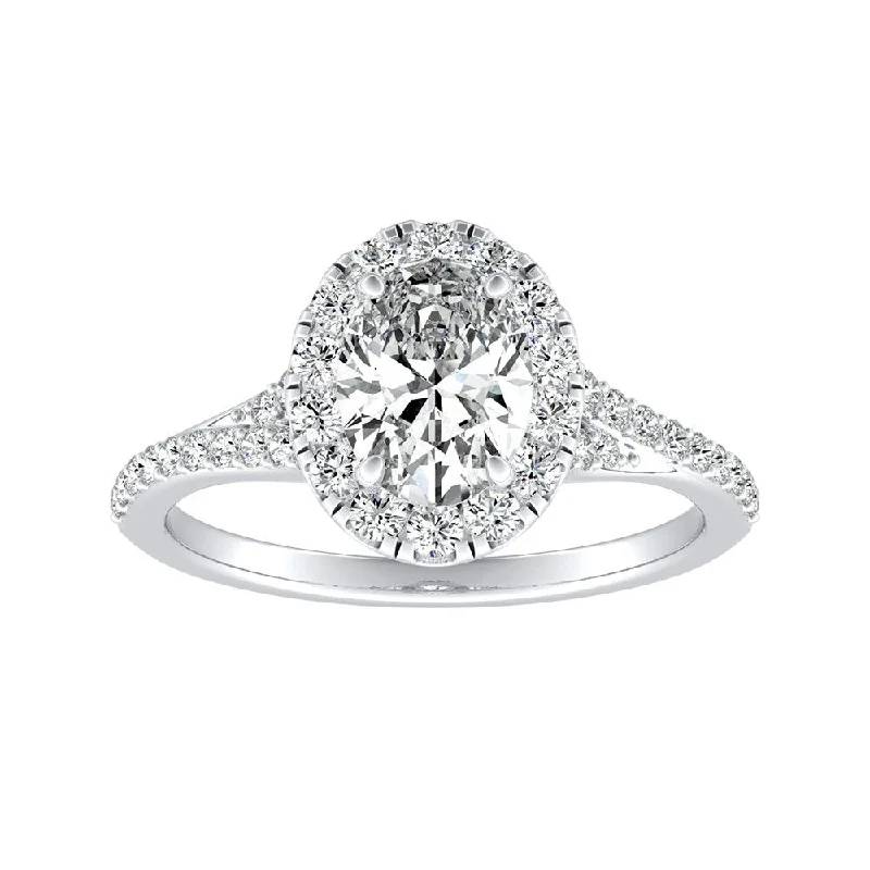 Pearlized platinum ring-Oval Shape 1cttw 14k Gold Halo Diamond Engagement Ring by Auriya