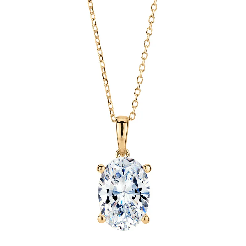 Clasped stone necklace-Oval solitaire pendant with 1.86 carats* diamond simulants in 10 carat yellow gold