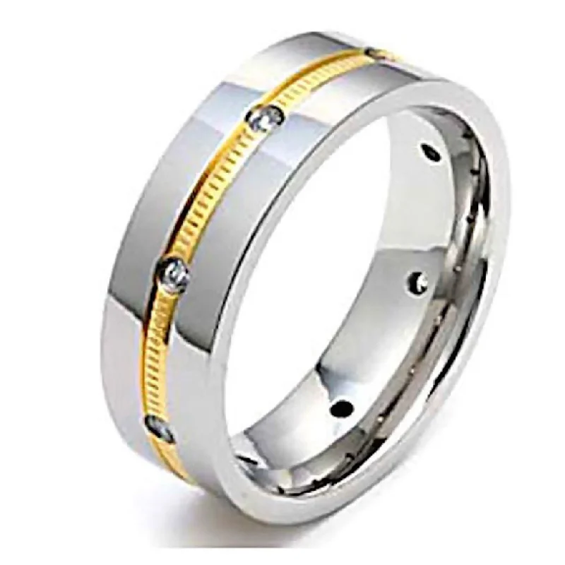 Glossy hematite ring-Paxton: Mens Titanium & Gold Milgrain Simulated Diamond Band Ring