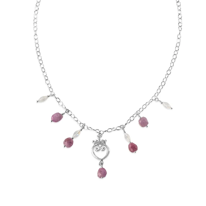 Angled design necklace-Pink Sapphire & Moonstone Queen of Hearts Gemstone Signature Charm Necklace