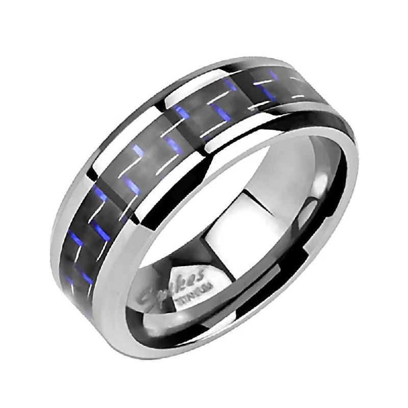 Fine filigree ring-Pluto: 8mm Titanium Black and Blue Carbon Fiber Inlay Wedding Band