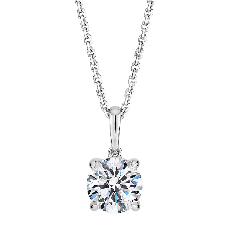 Suspended gem necklace-Premium Certified Laboratory Created Diamond, 1.00 carat round brilliant solitaire pendant in 14 carat white gold