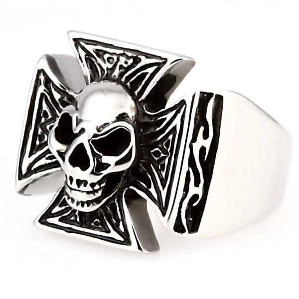 Molten gold ring-Ranger: Imposing Mens Skull & Maltese Iron Cross Biker Ring 316 Steel