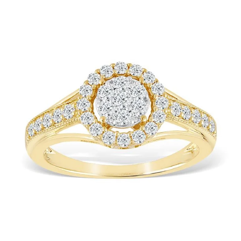 Scored band ring-Red Hot Deal 5/8 CTW Diamond Halo Ring in 10KT Yellow Gold