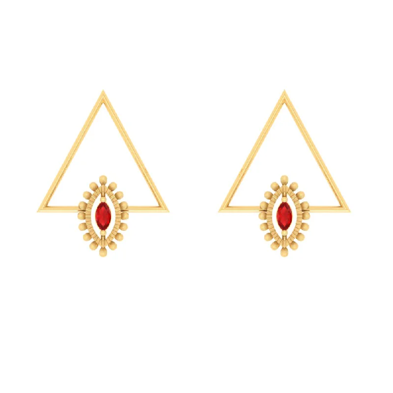 Sprout-shaped earrings-Red Stone-studded Triangle Shaped Gold Earring For Women