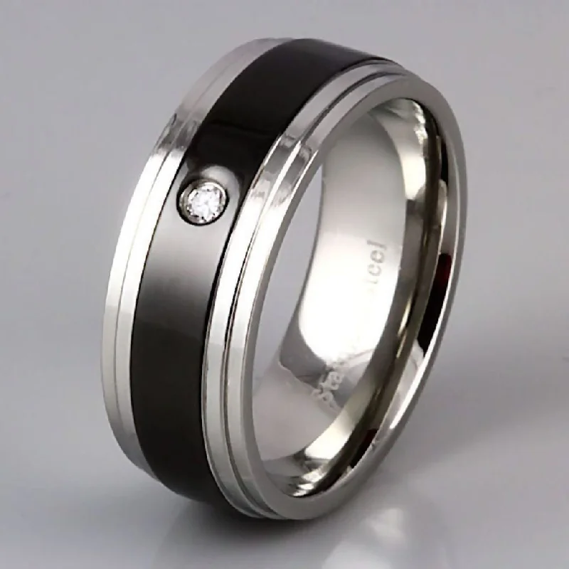 Rough ruby ring-Rio: Mens 2 Tone Black and Silver Stainless Steel Russian CZ Band Ring