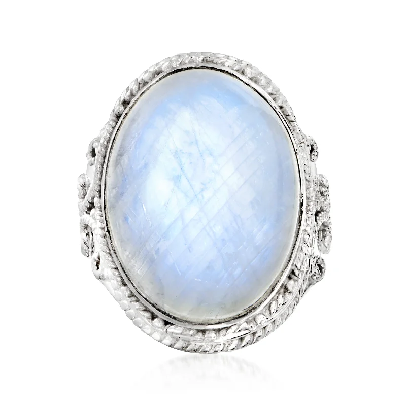 Flat cabochon ring-Ross-Simons Moonstone Scrollwork Ring in Sterling Silver