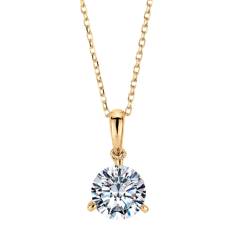 Scored edge necklace-Round Brilliant solitaire pendant with 1.03 carat* diamond simulant in 10 carat yellow gold