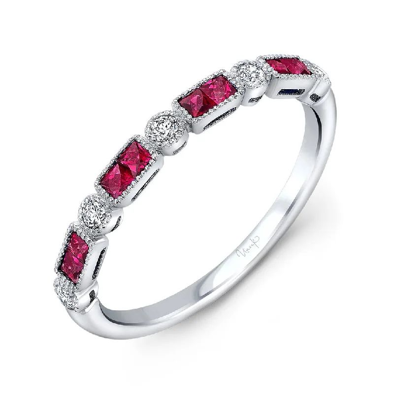 Sweeping band ring-Ruby & Diamond Milgrain 14K White Gold Halfway Band