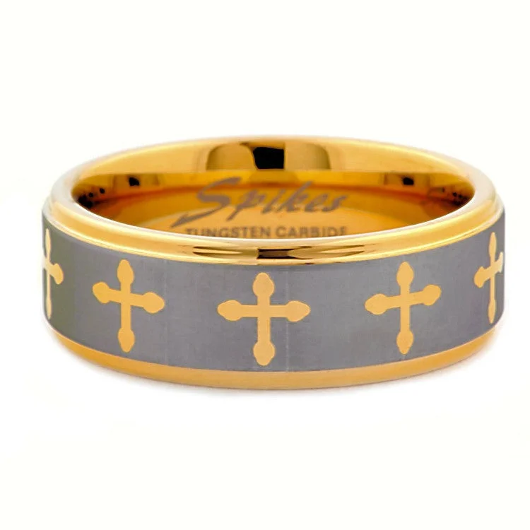 Radiant sun ring-Saints Cross: Mens Gold IP Tungsten Carbide Comfort Fit Band Ring